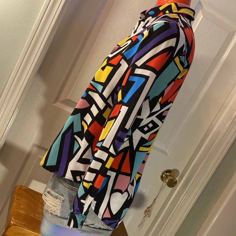BIG DART Multicolored Pop Art Retro Button Down Long Sleeve Shirt - Picture 5 of 11